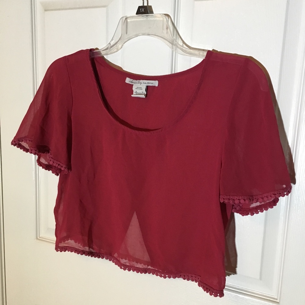 American Rag Pink Top Cropped Sheer Chiffon Open Back Flowy Blouse Magenta Sz M